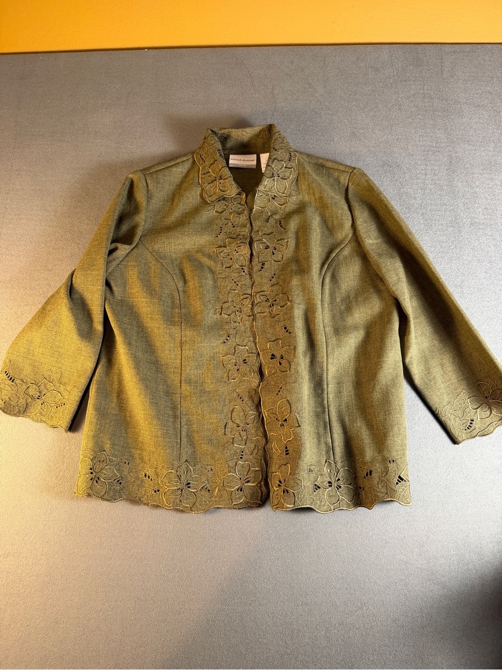 Alfred Dunner Olive Green Floral Cutout Jacket
